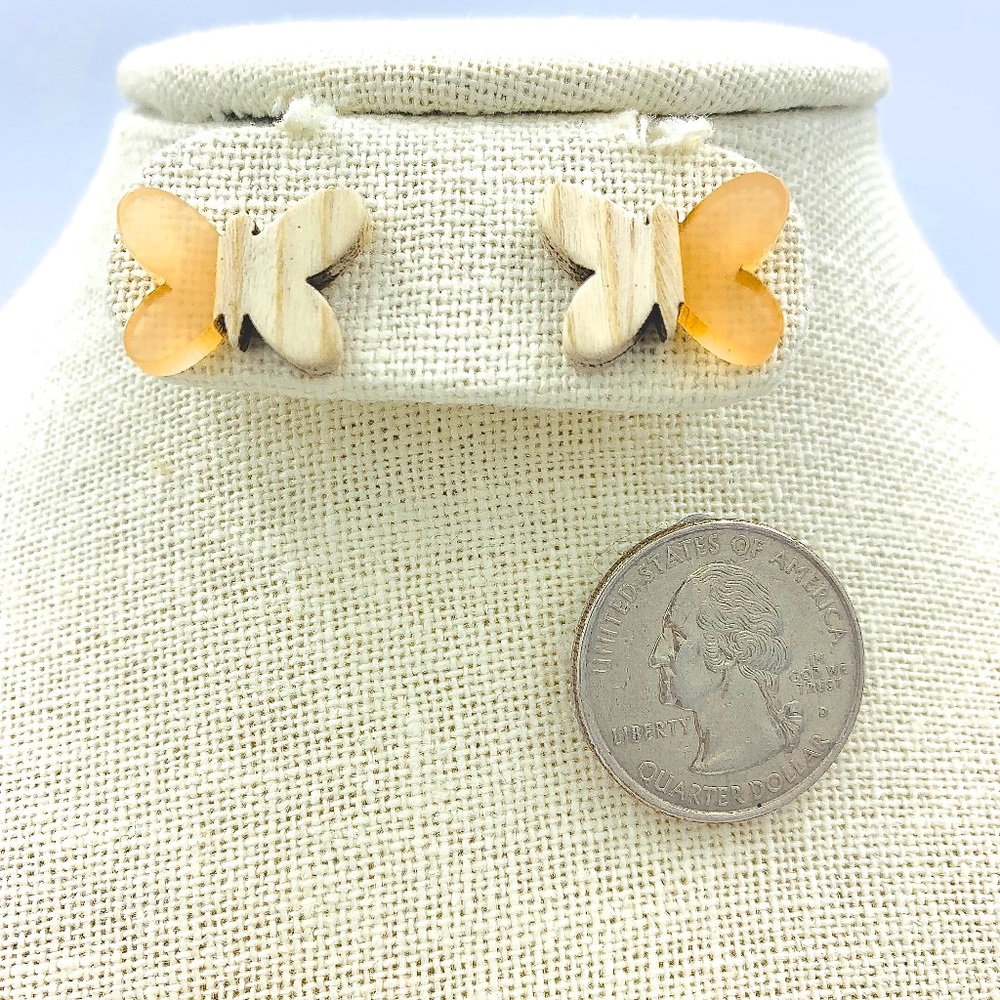 Butterfly Stud Earrings - Peach and Wood Color